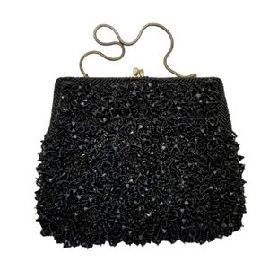 Heavily Beaded Handbag Clutch Black Rhinestone Kiss Lock Richere Bag Hong Kong